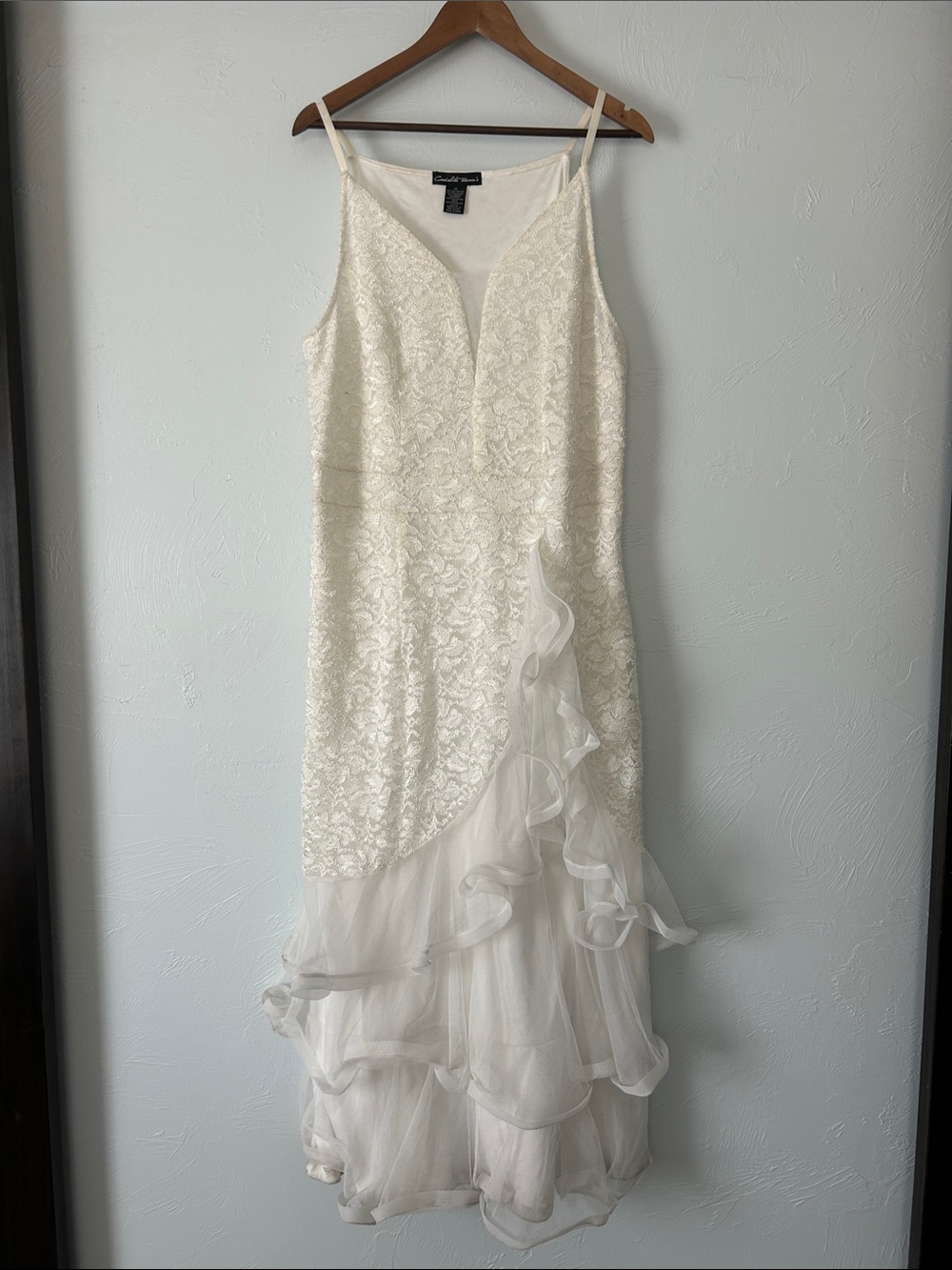 Sequin Cream Lace Slip Maxi Dress with teired Ruffle Tulle Hem